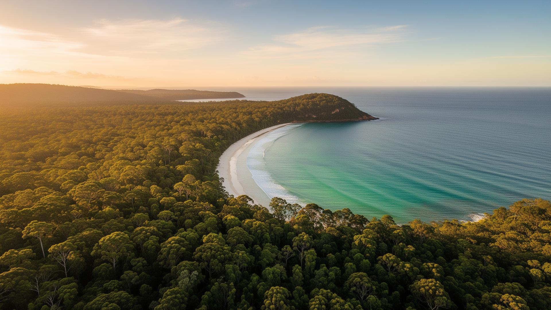 Aerial view of an Australian coastal rainforest at golden hour