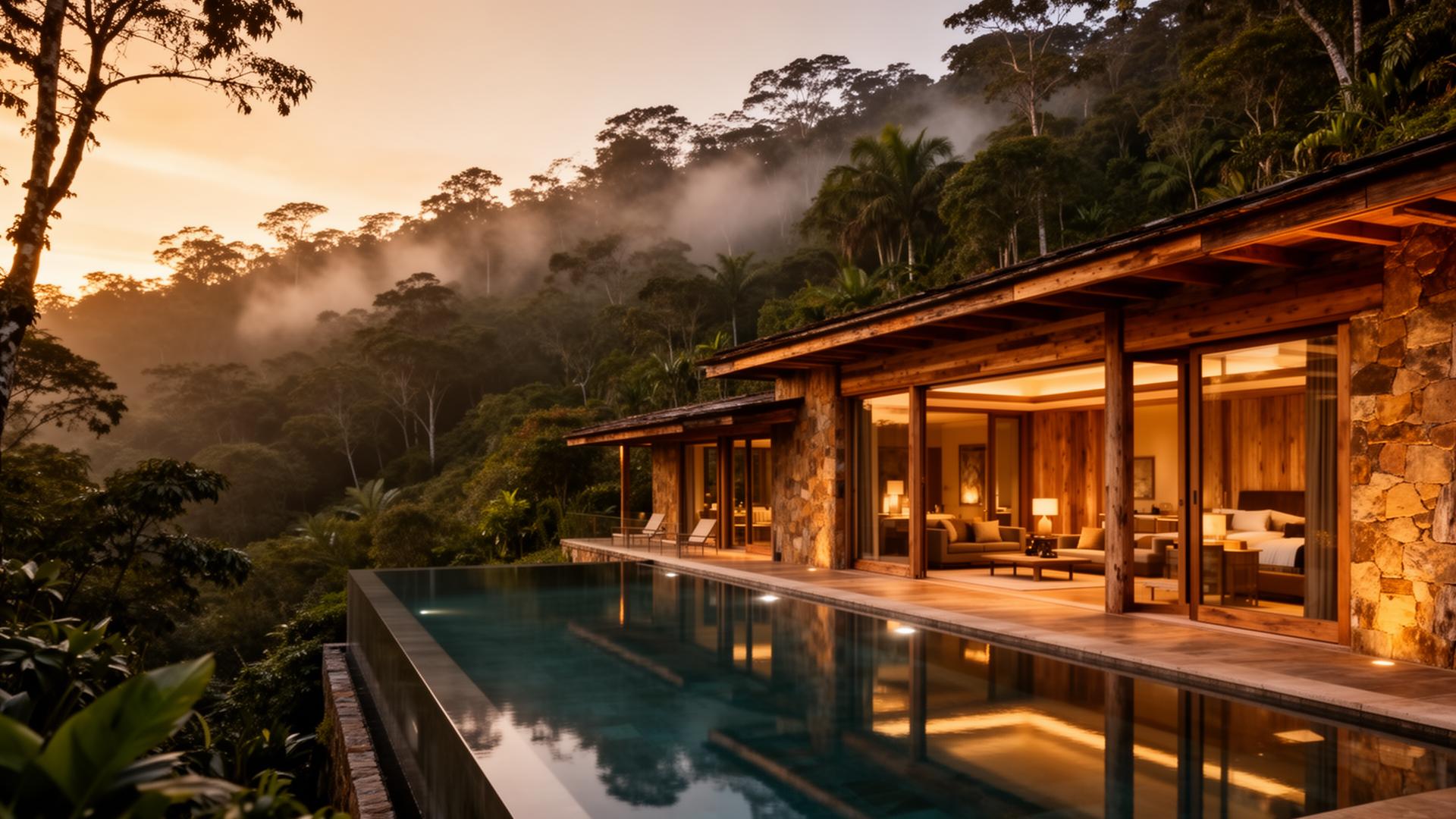 Eco-retreat villa at dusk